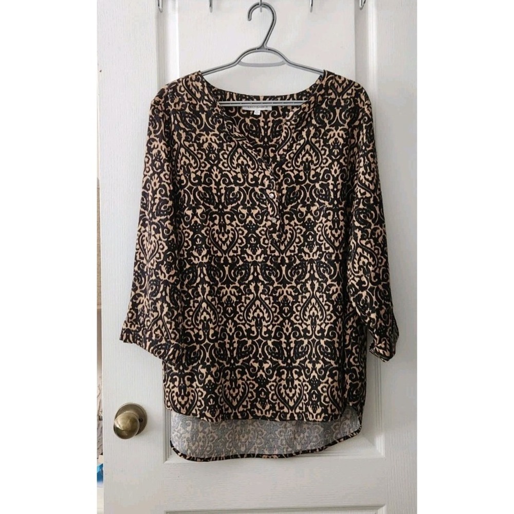 EMELY DANIELS Women's Blouse Round V-Neck 3/4 Sleeve Linen‎ Blend Black Khaki XL